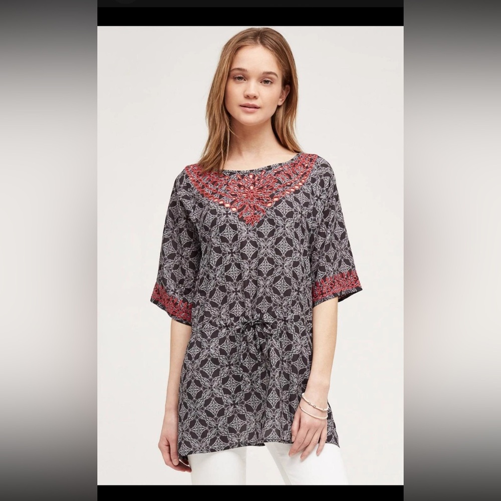 Anthropologie One September Euphemia Peasant Top Black red embroidery XL New